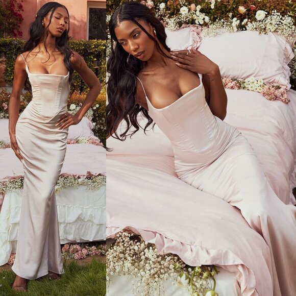 House of CB Olivette Blush Pink‎ Crystal Satin Corset Square Neck Maxi Dress L - Picture 1 of 13